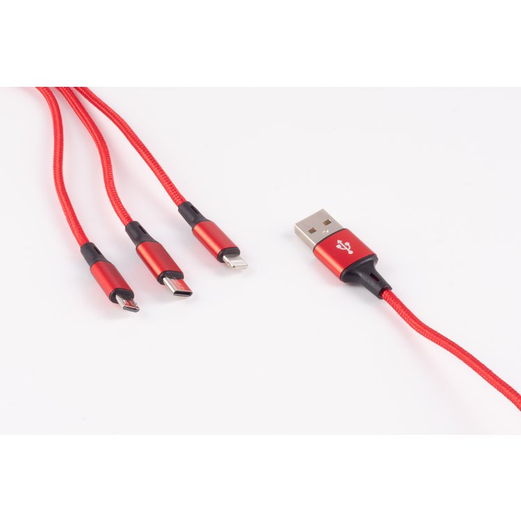 USB 3in1 Ladekabel A Stecker auf USB Micro B + USB Typ C + 8-pin Stecker, rot, 1,2m